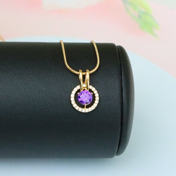 "Radiant Purple Halo Pendant in Gold Plated Brass with Crystal Ring, XPPT1711 - Picture 8 of 13